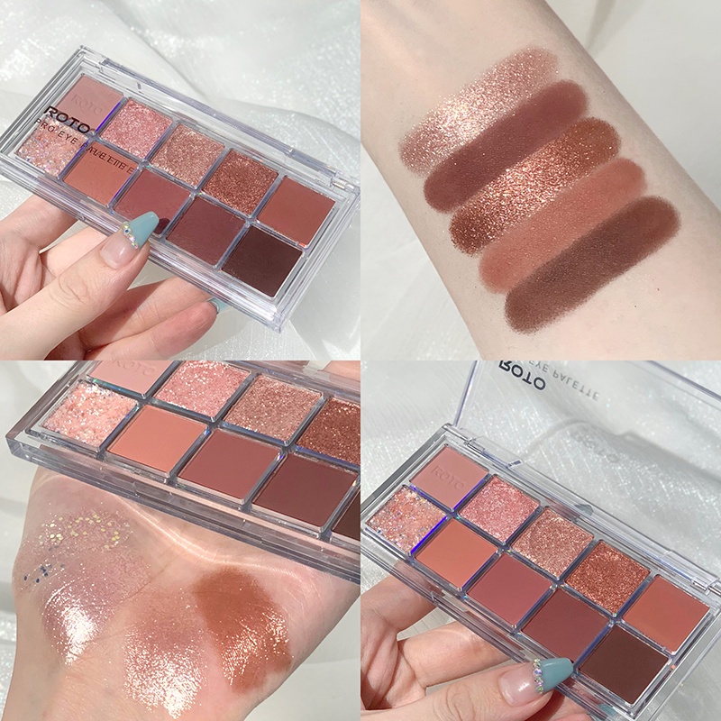 Bảng phấn mắt ROTO 10 màu sắc hiệu ứng tông lì ánh nhũ lấp lánh thời trang