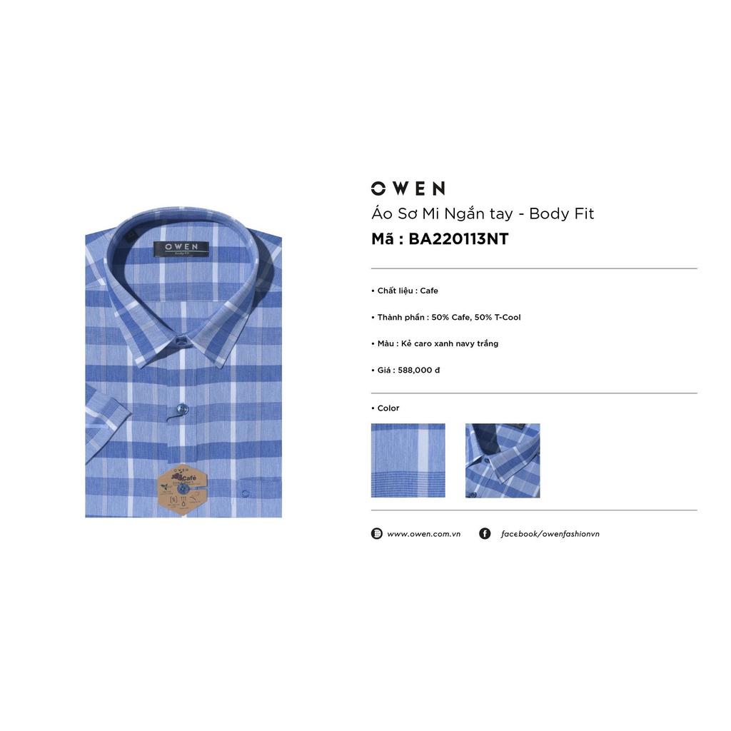 Áo Sơ Mi Nam Ngắn Tay OWEN BA220113NT Somi Công Sở Cao Cấp Màu Kẻ Caro Navy Trắng Vải Sợi Café Dáng Suông Tà Bằng Có Túi