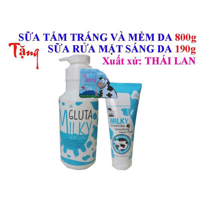 Sữa tắm bò thái lan gluta milky 800ml tặng kèm sữa rửa mặt 190ml