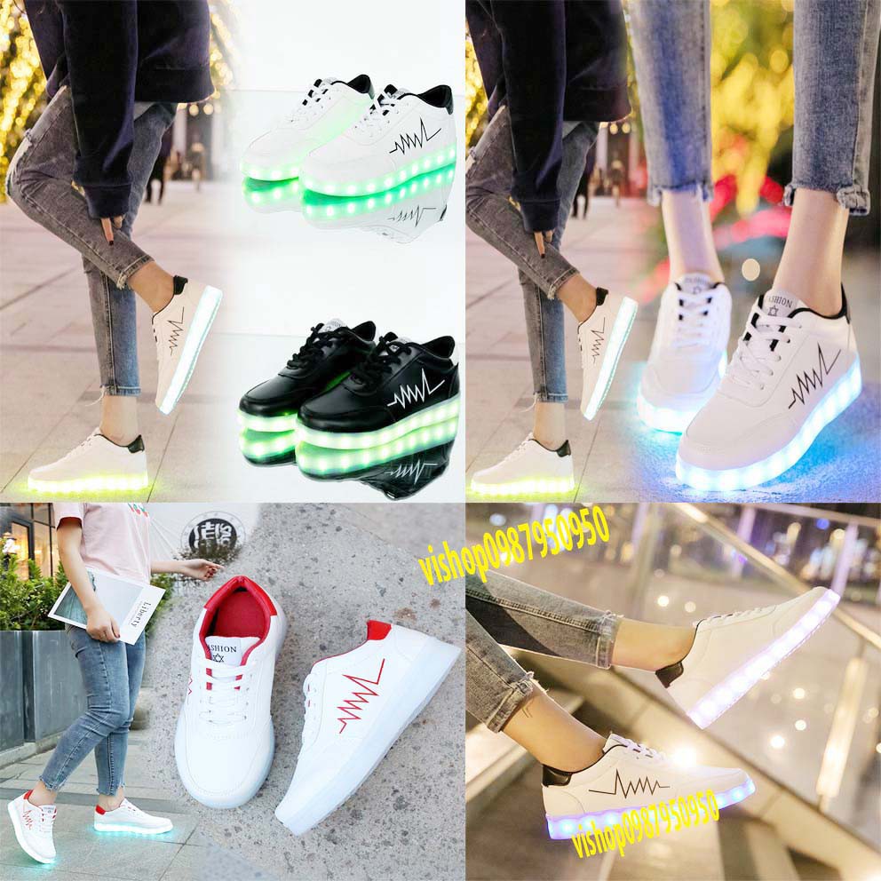 Giày phát sáng màu trắng nhịp tim màu đen phát sáng 7 màu 8 chế độ đèn led cực đẹp