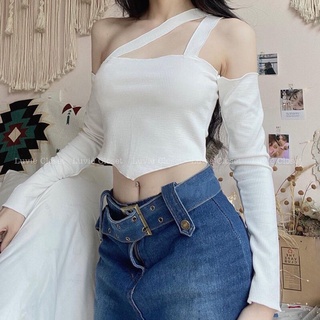 Áo croptop ôm trễ vai dây chéo cổ tà vạt nhọn tay dài cá tính, áo kiểu hở vai bẹt vai rớt vai nữ