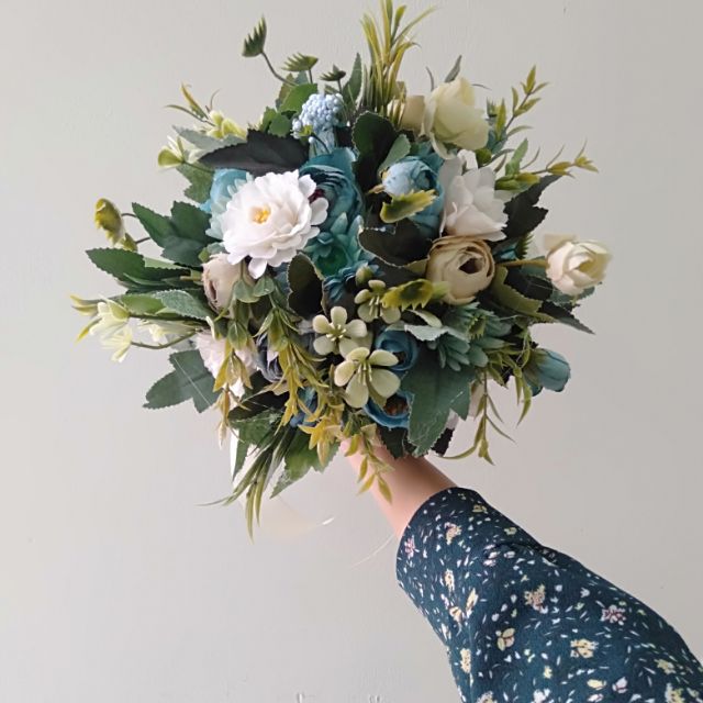 Bó hoa cưới cầm tay cô dâu hoa vải lụa xanh dương - Hoa cưới cầm tay cô dâu màu xanh