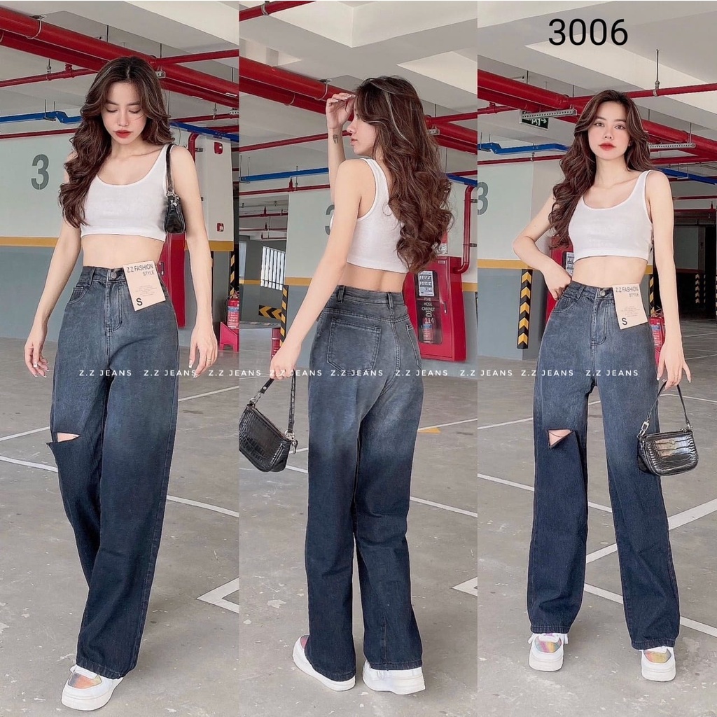3006 Quần Jean Nữ Ống Rộng Cạp Cao Rách Gối Dáng Suông Chất Bò Dày Dặn Phong Cách Ulzzang Hàn Quốc
