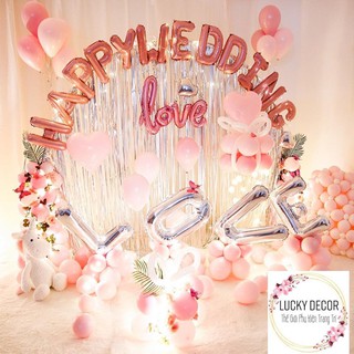 combo bóng bay trang trí phòng cưới tone màu hồng nhẹ nhàng