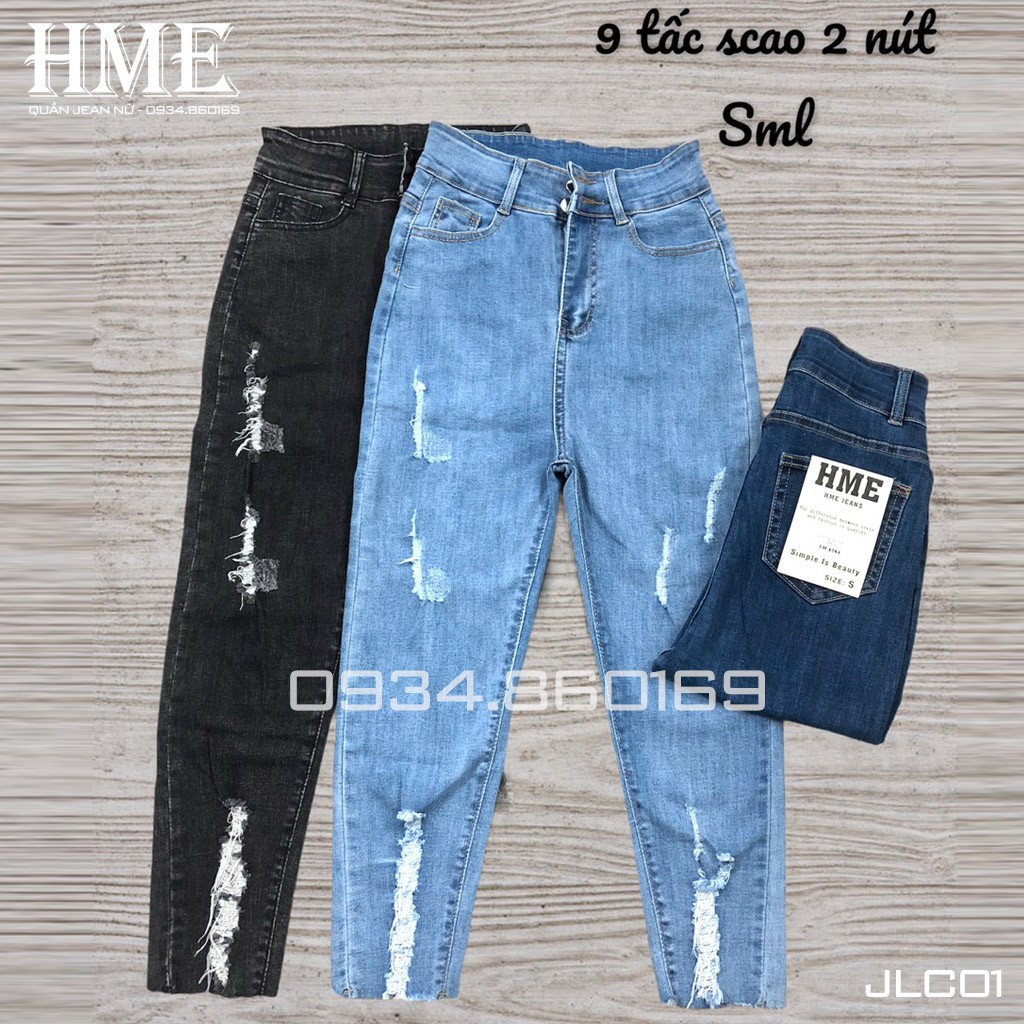 Quần Jean Denim Nữ Lưng Cao HME Kiểu Lỡ Rách JLC01 Ống Bó Vải Cotton Co Giãn