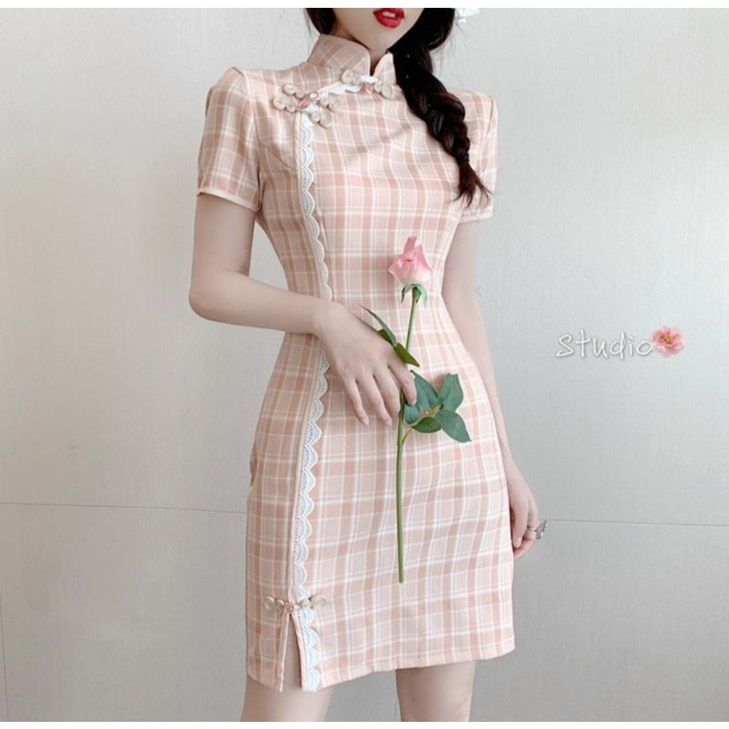 Đầm body sườn xám cổ tàu hoạ tiết caro siêu xinh