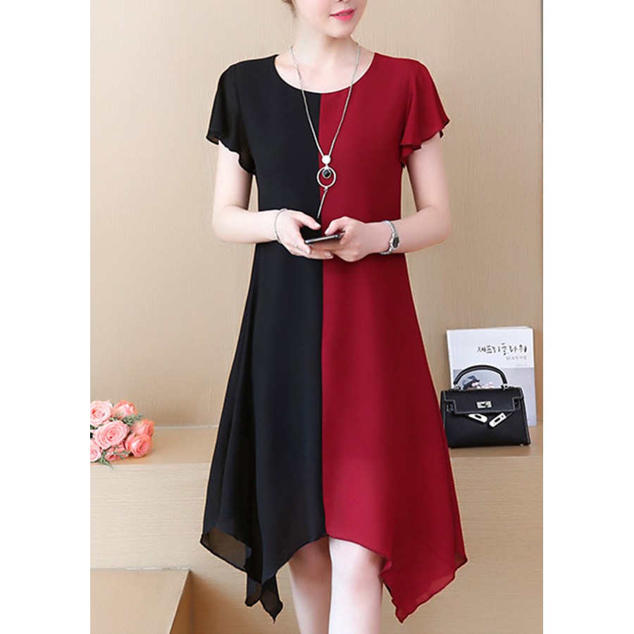 Đầm Suông Dạo Phố Kiểu Chữ A Trung Niên Phối Màu Đen Đỏ Tay Cánh Tiên GOTI 3027