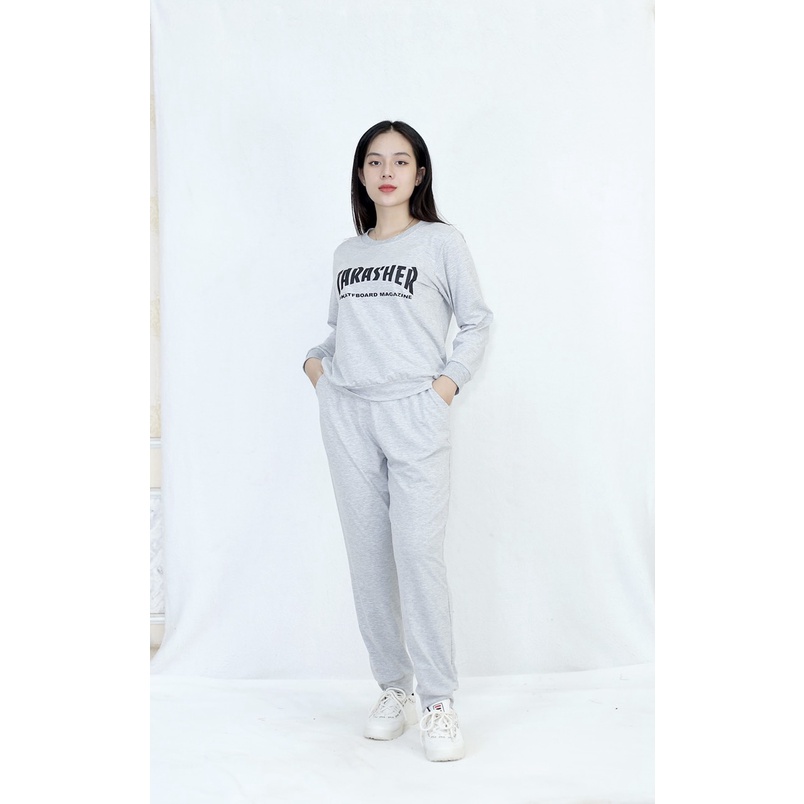 [HÌNH THẬT] Bộ đồ thể thao quần dài tay dài màu xám trắng - Vải Cotton 65/35 Cao Cấp