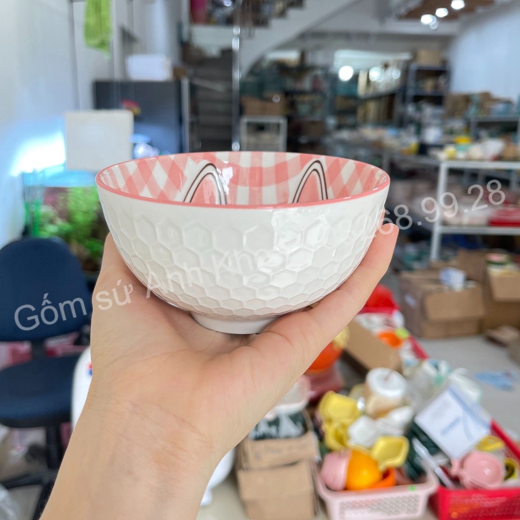 Chén Dĩa Dễ Thương Đĩa Sứ Tổng hợp Bộ Bát đĩa Thỏ hồng caro Decor Bát Ăn Cơm xinh yêu.