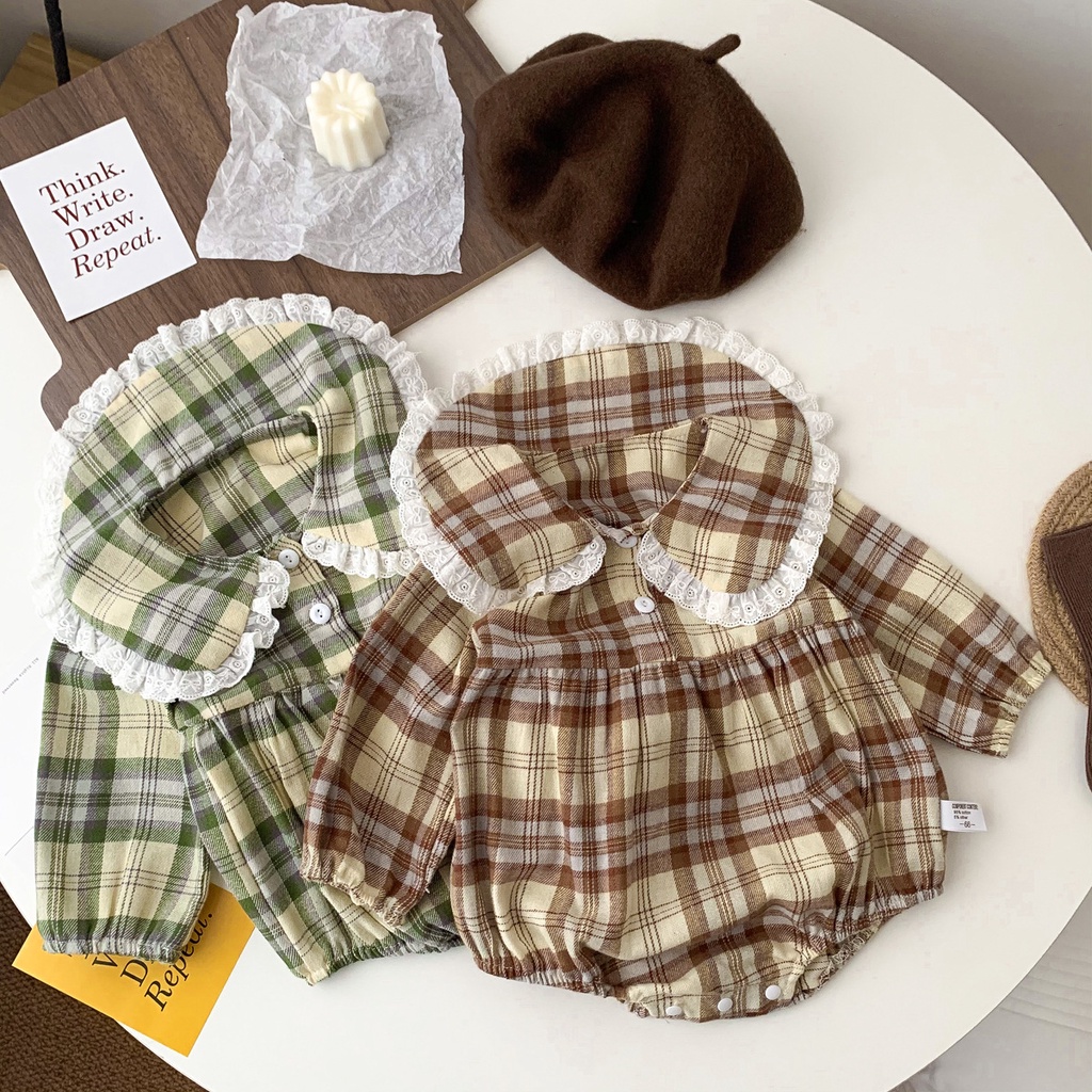 Bộ Áo Liền Quần Tay Dài Vải Cotton Họa Tiết Sọc Caro Thời Trang Mùa Thu Cho Bé Gái