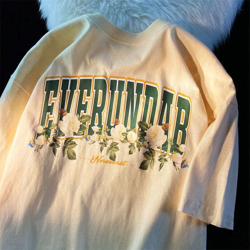 Áo Thun Tay Ngắn Dáng Rộng In Hình Hoa Hồng Vải Cotton Thời Trang Cho Cặp Đôi 100