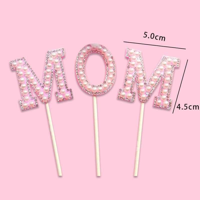 Trang trí bánh sinh nhật  set 3 thẻ cắm MOM đính hạt