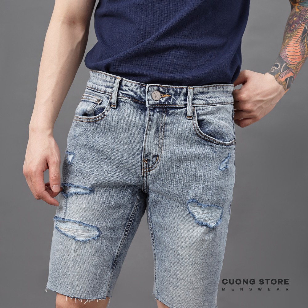 Quần short jean nam xanh rách MRC chất cotton cao cấp, form ôm vừa vặn, tôn dáng, trẻ trung - MENFIT