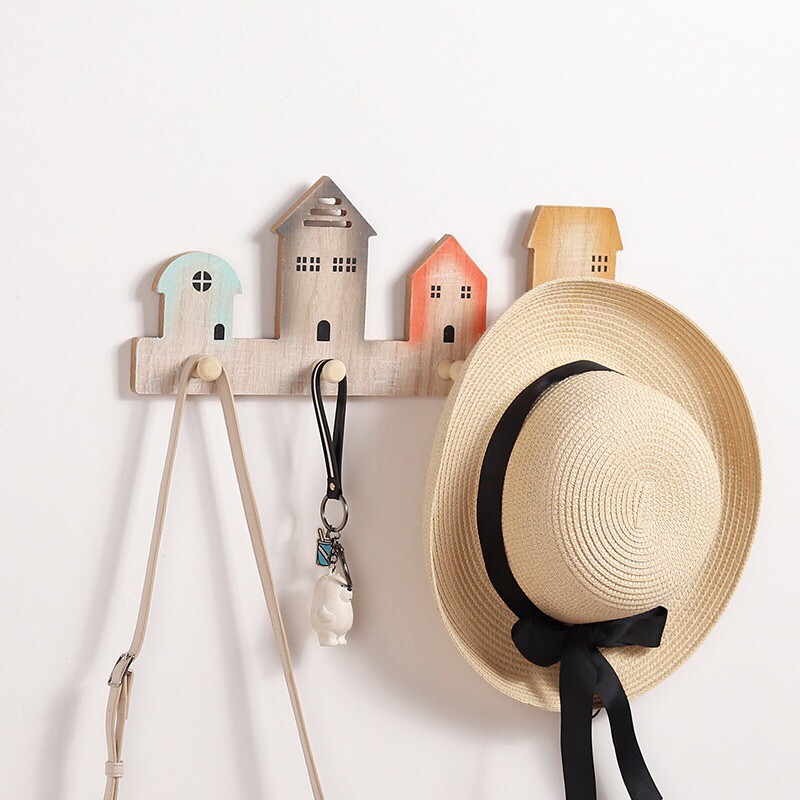 Móc full gỗ hình ngôi nhà vintage TẶNG kèm đinh treo tường decor