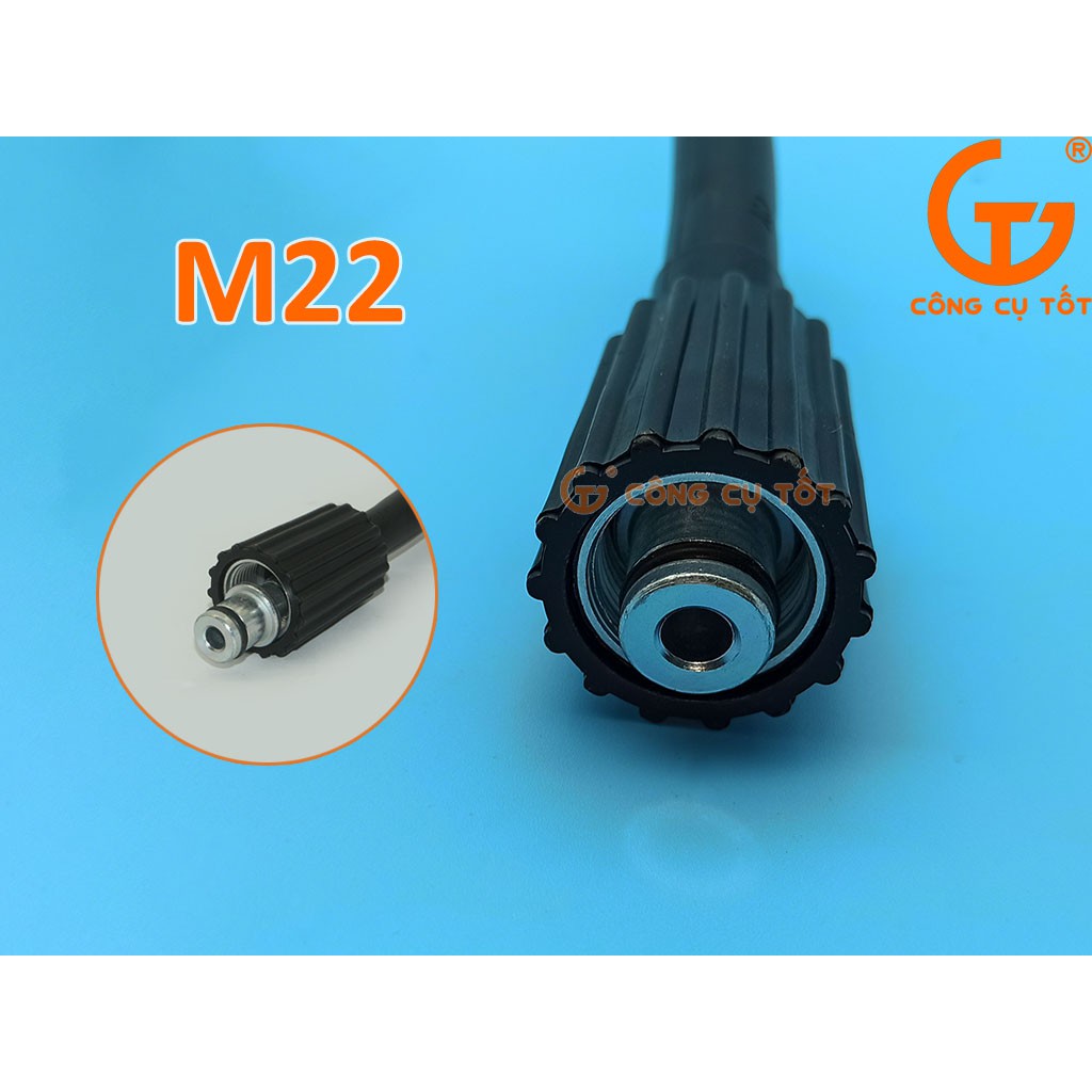 Dây rửa xe áp lực 16MPa lõi nhựa bọc dù trắng, một đầu ren trong to M22, một đầu ren trong nhỏ M14