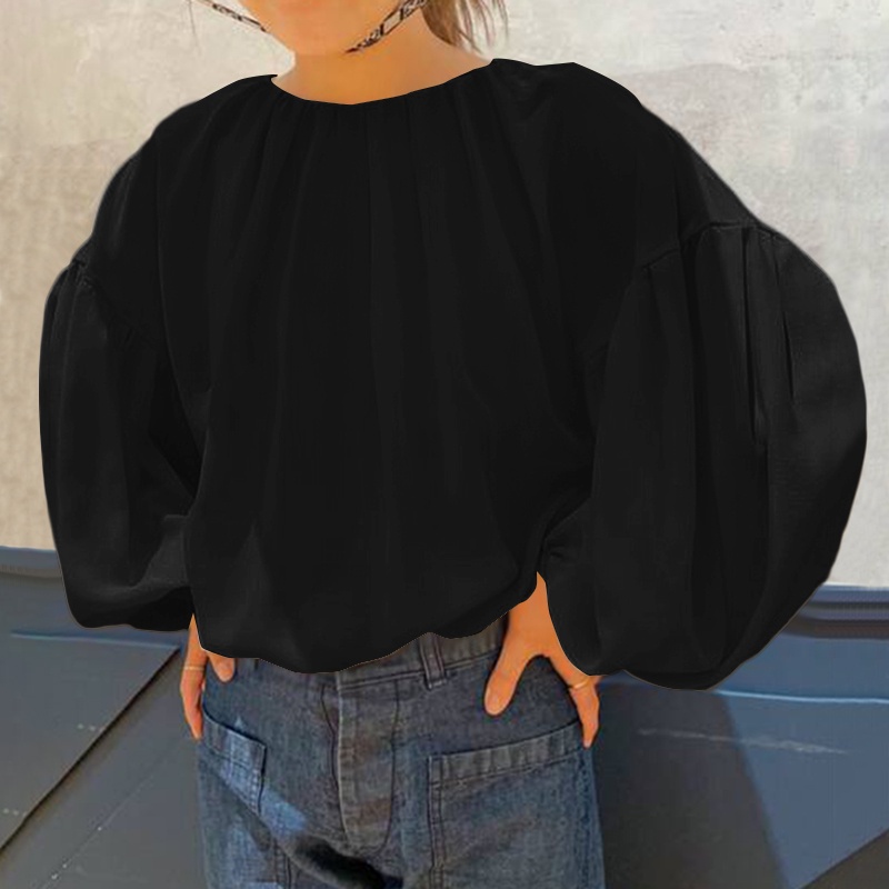 Áo sơ mi kiểu ZANZEA cổ tròn tay phồng dài dễ phối trang phục phong cách Hàn Quốc cho nữ