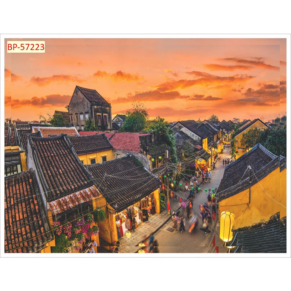 Tranh dán tường Đà Nẵng Hội An cổ kính, đèn lồng, cầu vàng 3D Chất liệu lụa 3D, xé không rách, lau chùi thoải mái