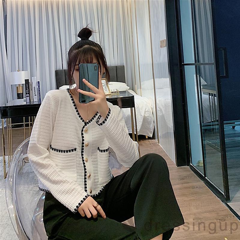 Áo croptop dệt kim tay dài cổ chữ V dáng rộng cài nút kiểu retro cho nữ