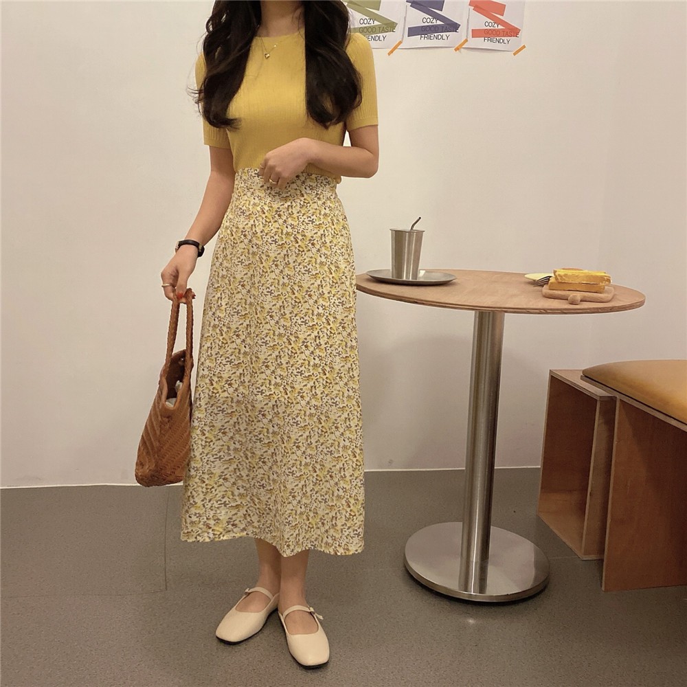 Chân váy Voan hoa Midi dài Lưng cao Dáng chữ A Lưng thun Ulzzang Hàn Quốc Chân váy Midi dài Voan hoa Cạp cao | BigBuy360 - bigbuy360.vn