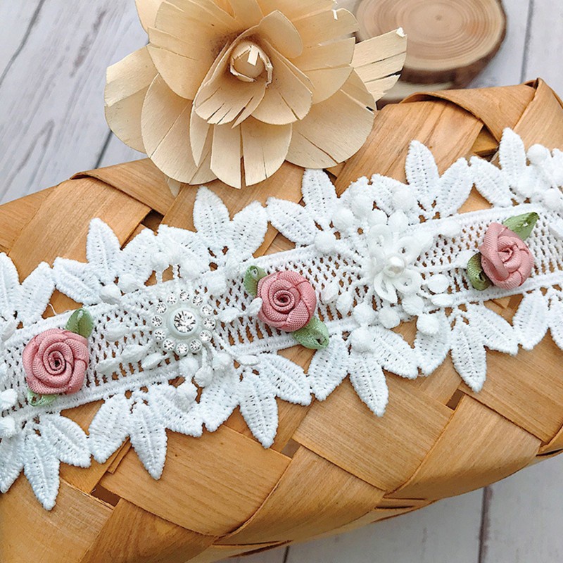 Cuộn Dây Ruy Băng Thêu Hoa Hồng 1 Yard Đính Hạt Ngọc Trai Diy