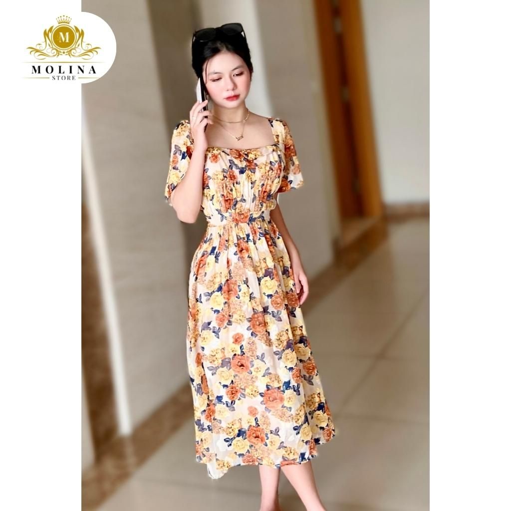 Đầm Hoa Nhí Thiết Kế Molina Cổ Vuông Dáng Dài Tay Loe Nhún Eo Chất Lụa Mềm Mịn