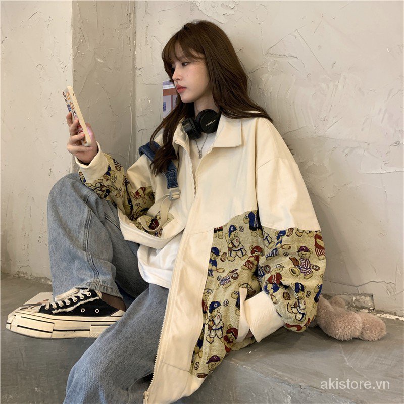 M-2XL Bigsize 95kg Áo khoác bóng chày nữ form rộng thời trang unisex hàn quốc áo bomber nữ bigsize họa tiết gấu phong cách đi chơi đi học 2AB8