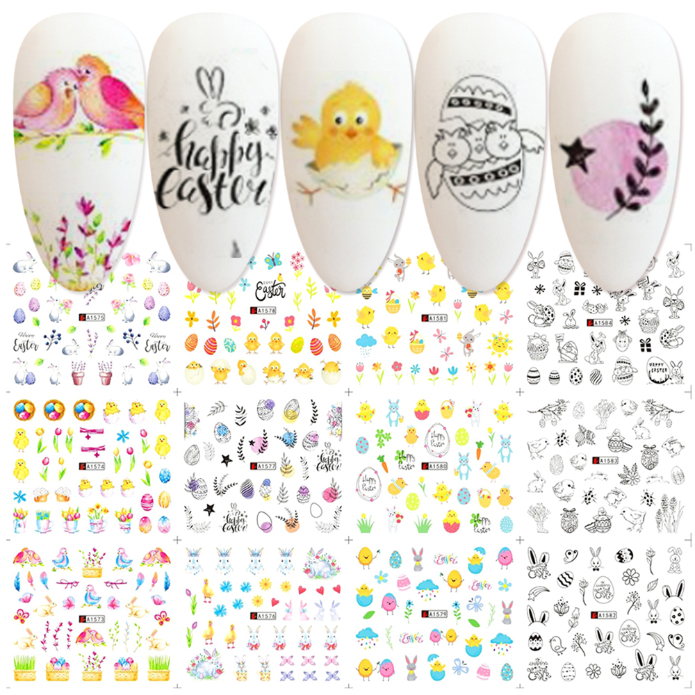 [Hàng mới về] Bộ 12 miếng dán trang trí móng tay nghệ thuật diy phong cách lễ Phục sinh