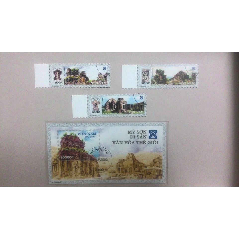 Tem sưu tập MS 914 Tem CTO Việt Nam Thánh địa Mỹ Sơn di sản văn hóa thế giới ( 3 tem 1 block)