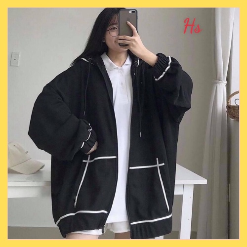 Áo khoác W.EST viền trắng tay bồng nữ - Hoodie dáng rộng có mũ - CHAN CHAN STORE