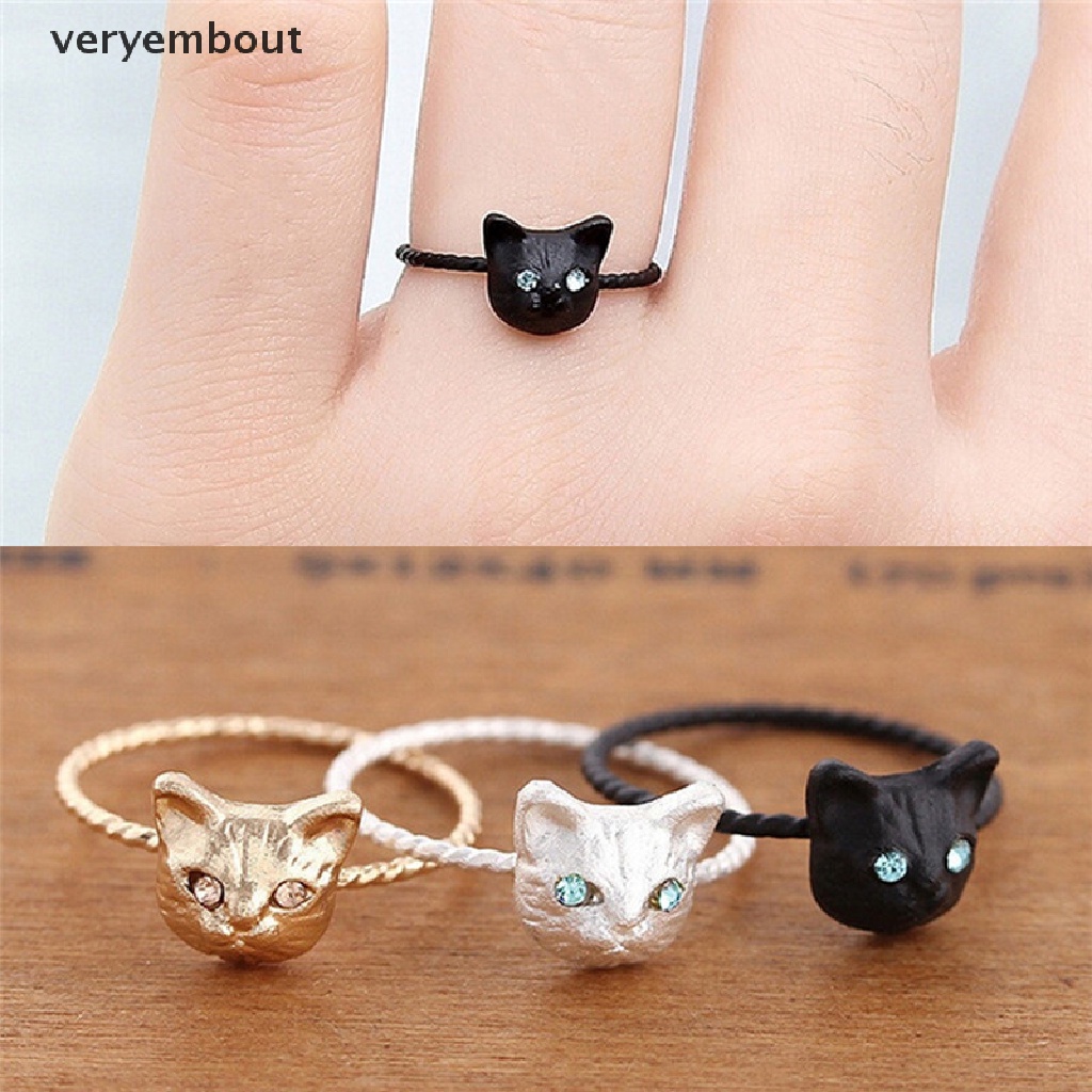 ut 1Pc Women Mini Lovely Cat Shaped Ring Rhinestone Studd Ring Black Gold Silver n