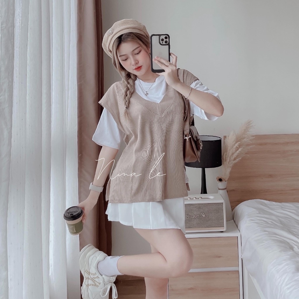 Set bộ đồ nữ 3 món áo thun phối áo khoác gile xẻ tà xinh xắn với 2 màu tôn da, tôn dáng dành cho các nàng yêu đi chơi