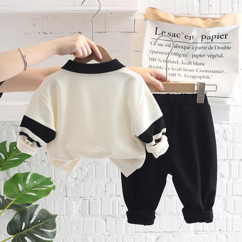 Bộ Quần Áo Nỉ Da Cá Dài Tay Trẻ Em In Hình Gấu Cổ Bẻ Cho Bé Từ 8-22kg Mã DC10