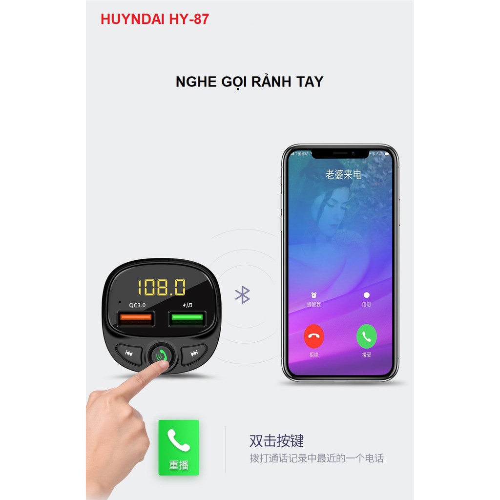 Tẩu Nghe Nhạc MP3 Đàm Thoại Rảnh Tay Hyundai Trên Xe Hơi Tích Hợp Sạc Nhanh 4.0 Bộ Phát FM , Sạc Nhanh 3.4A