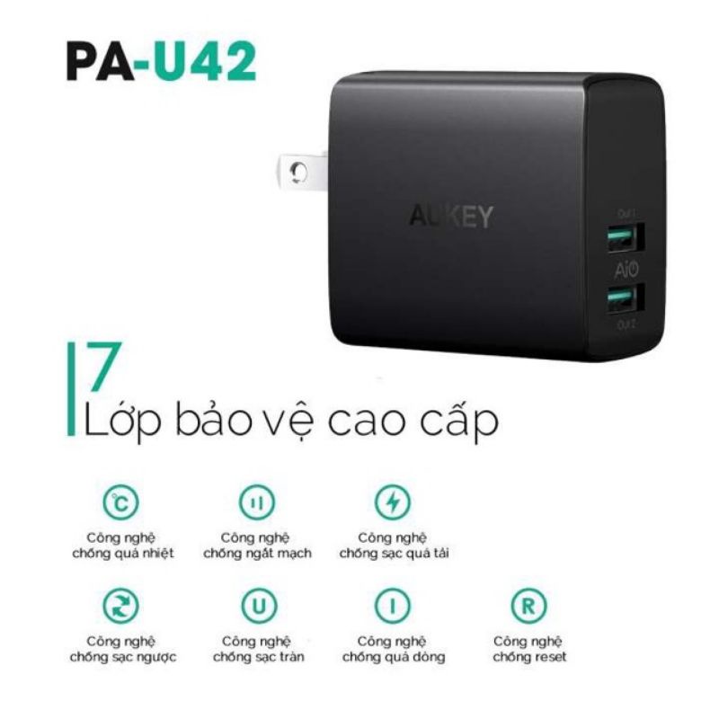 Củ/Cốc sạc 2 Cổng Aukey PA-U42 Công Nghệ AiPower Tự Động 24W