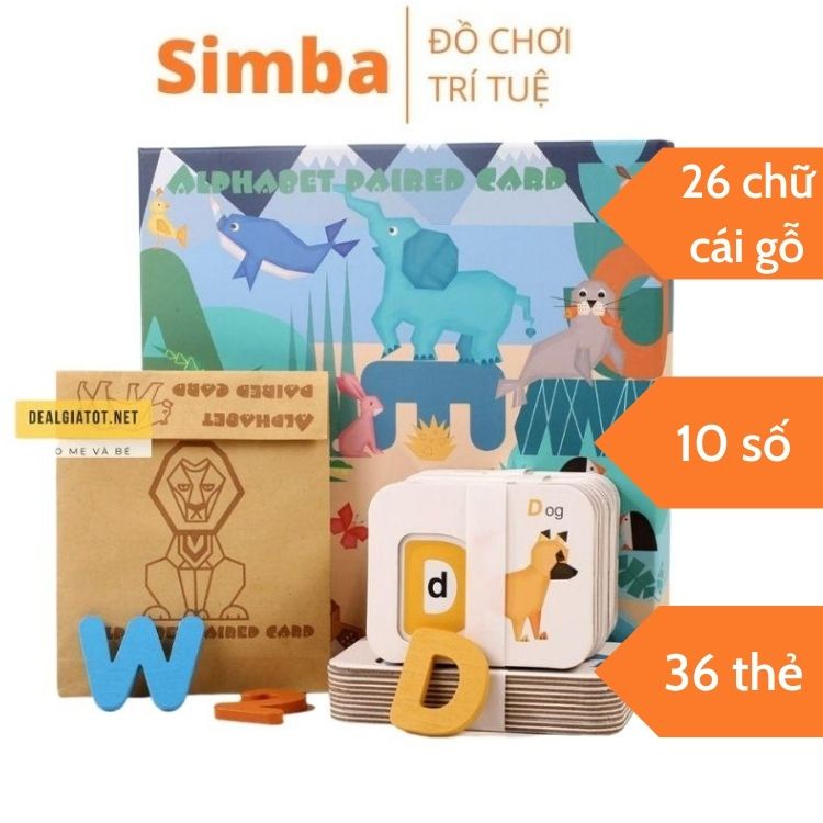 Bảng chữ cái và số đếm tiếng Anh bằng gỗ giáo cụ Montessori hình động vật cho bé đồ chơi Simba