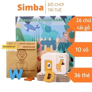 Bảng chữ cái và số đếm tiếng Anh bằng gỗ giáo cụ Montessori hình động vật cho bé đồ chơi Simba