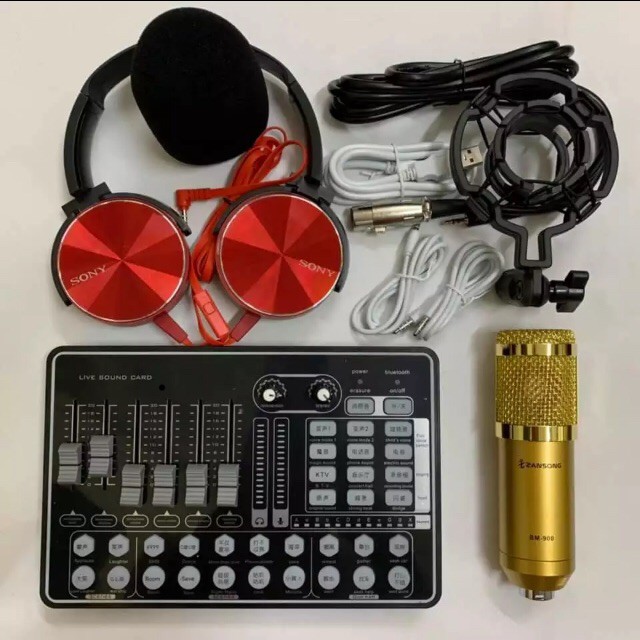 full bộ thu âm livestream sound card H9 và micro BM-900 full bộ phụ kiện đi kèm : chân kẹp mic, màng lọc, dây livestream