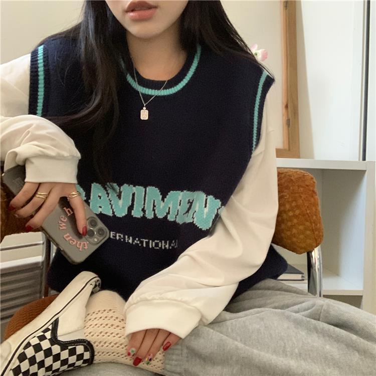 Set Áo Sơ Mi Dài Tay Form Rộng + Áo Len Không Tay Thiết Kế Mới Thời Trang Theo Phong Cách Hàn Quốc Cho Nữ