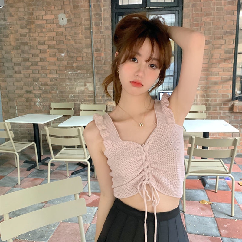 COZOK Áo Tank Top Dệt Kim Sát Nách Cổ Chữ V Phối Dây Rút Gợi Cảm