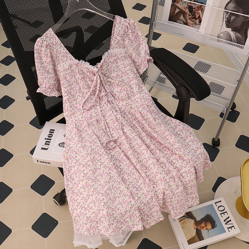 NUZIRO  Đầm Hoa Hai Dây Cổ Chữ V Màu Hồng Phong Cách Retro Hàng Mới Dành Cho Nữ