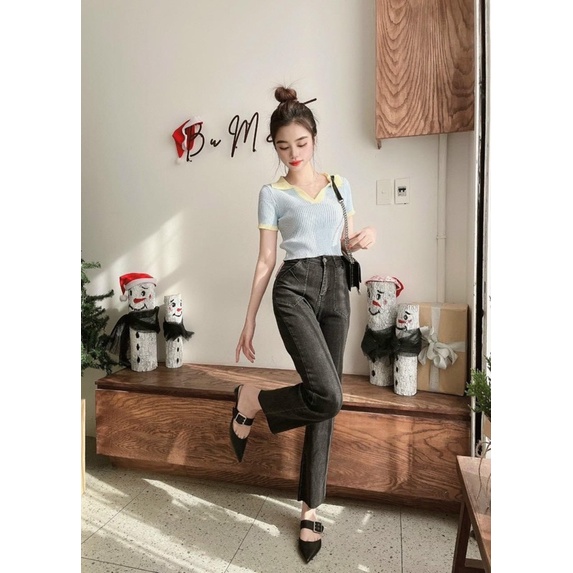 Quần jeans suông giãn túi vuông lưng cao mẫu mới siêu hot