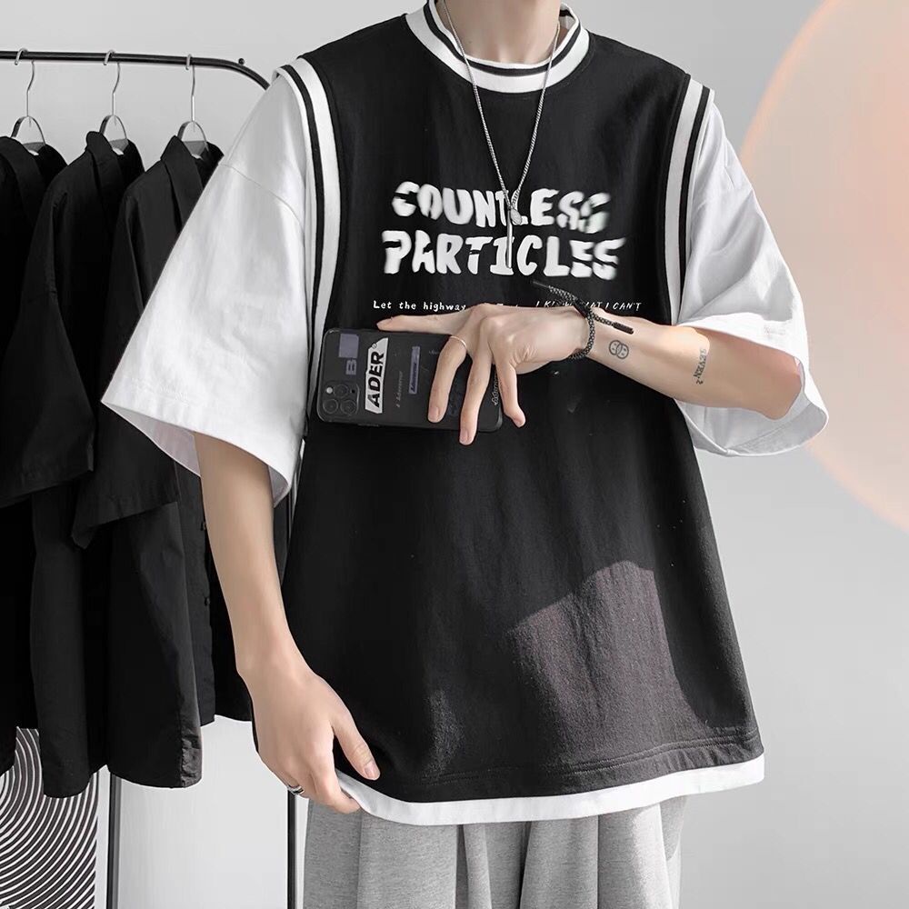 Áo Thun Ngắn Tay Giả Hai Lớp Dáng Rộng Thời Trang Mùa Hè Dành Cho Nam