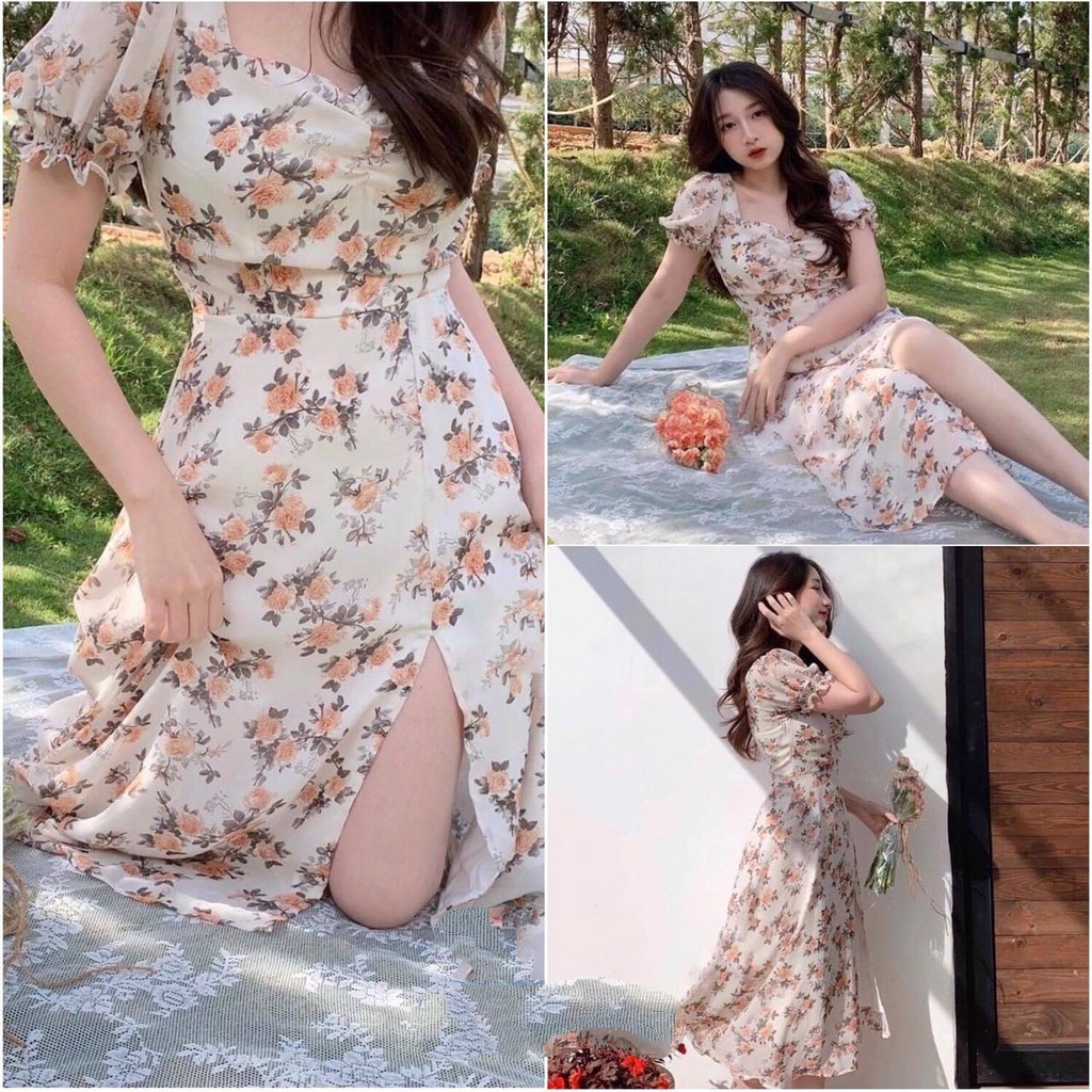 Đầm voan hoa cổ tim xẻ tà