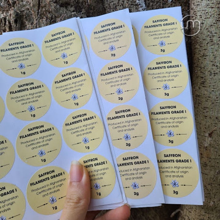 D3.2cm- Tem dán nhãn hộp nhôm, thiếc,...đựng saffron 1-3gr