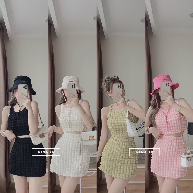 Set Bộ Xốp Áo Croptop Sát Nách Phối Chân Váy Ngắn alohashop91
