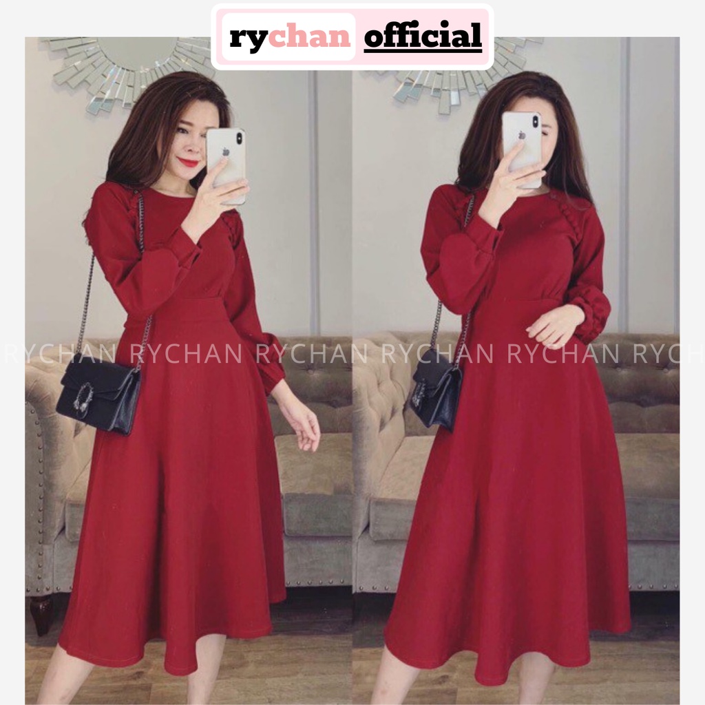 DX549 - Đầm Xòe Tông Đỏ Đính Nút Bọc Tay Dài