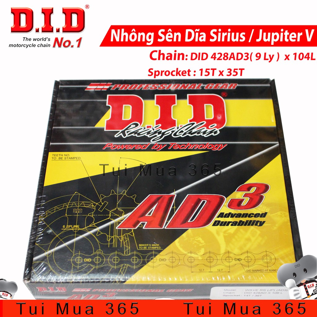 Nhông sên dĩa DID Yamaha Sirius Xăng Cơ, Jupiter V – Sên đen 9ly DID AD3