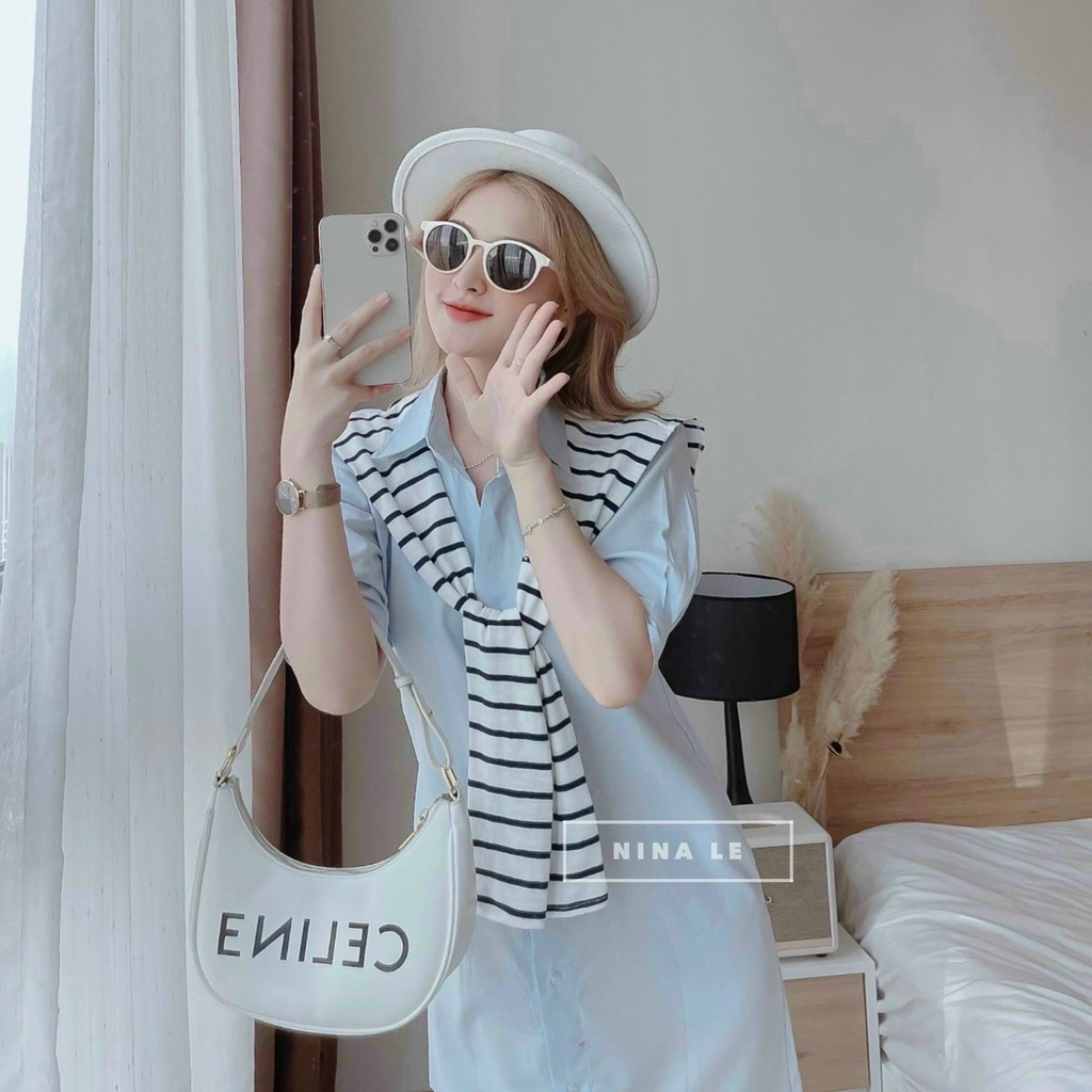 (Sale FreeShip) Đầm sơ mi nữ from suông,đầm đũi phối sọc poly,phong cách trẻ trung cá tính,tone màu tôn da dễ mặc