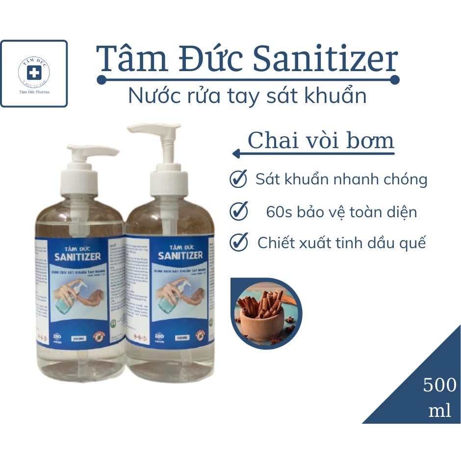 Nước rửa tay khô diệt khuẩn Tâm Đức Sanitizer dạng gel chiết xuất tinh dầu quế chai 500ml | BigBuy360 - bigbuy360.vn