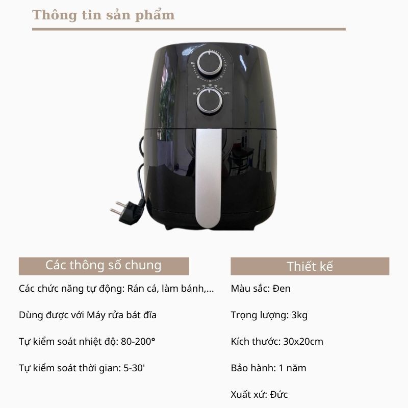 Nồi chiên không dầu Mini Druella dung tích 3L bảo hành 1 năm